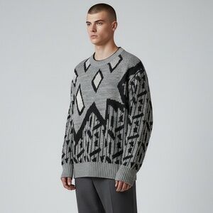 VTG Sostanza Fashion Police Sweater Men’s M Gray Black Abstract Geometric 80s‎